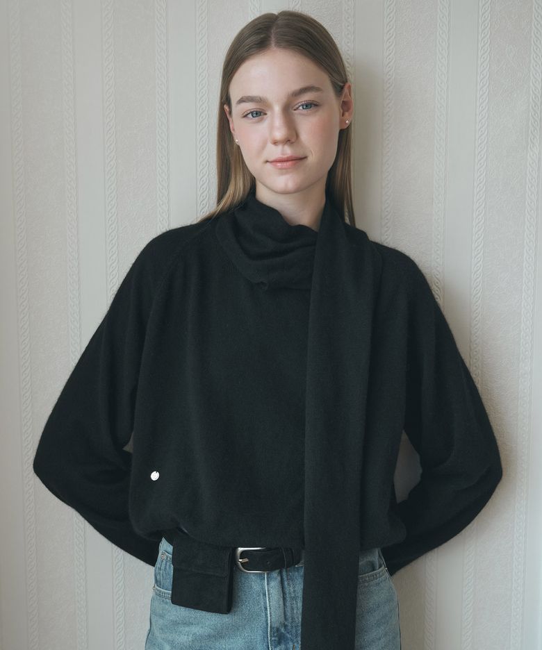 Scarf Draping Knit Top - Black