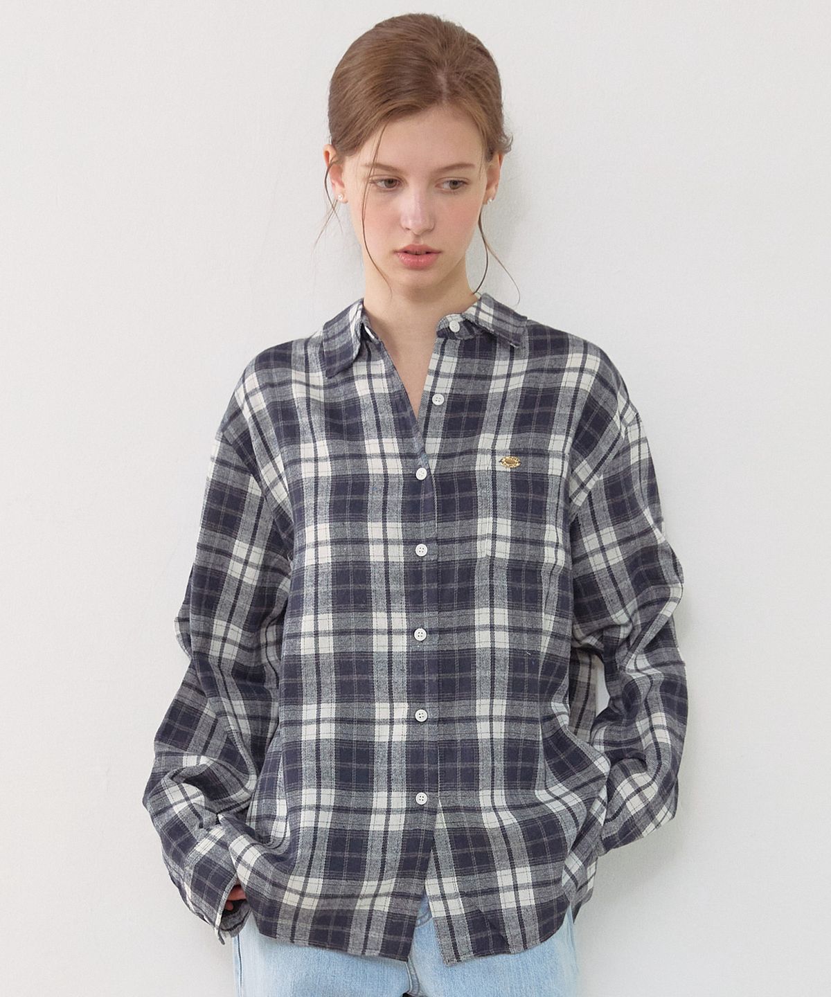 논로컬(NONLOCAL) Oversize Napping Checked Shirt - Navy