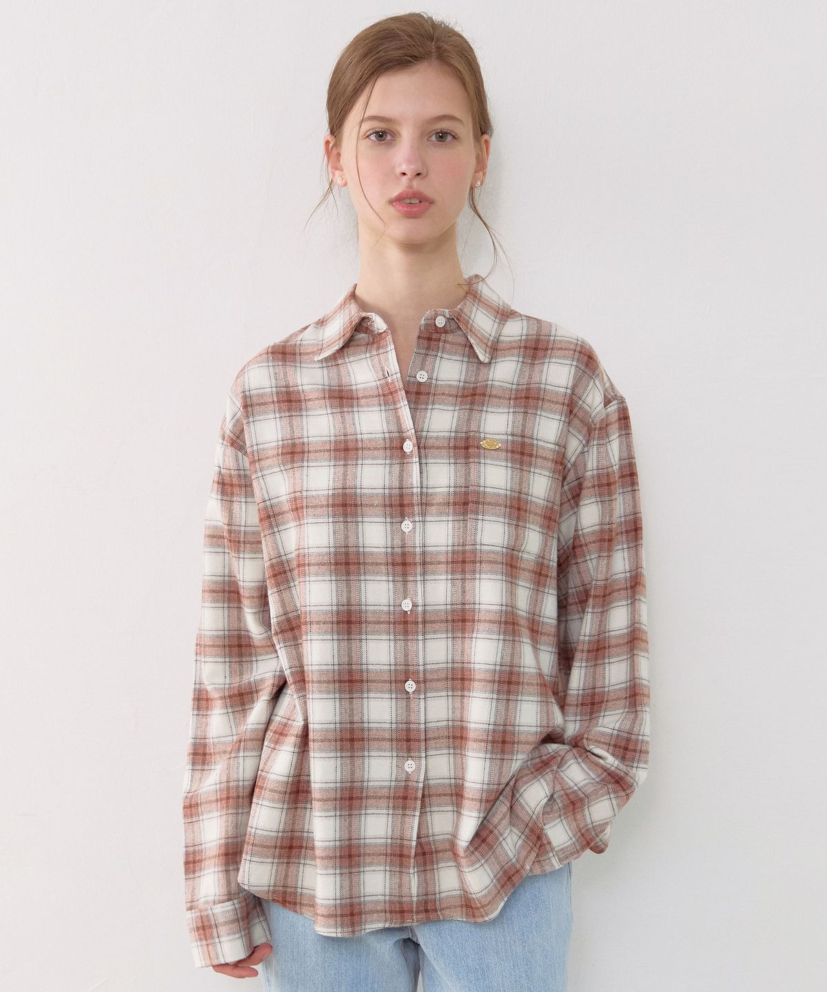 논로컬(NONLOCAL) Oversize Napping Checked Shirt - Orange Brown