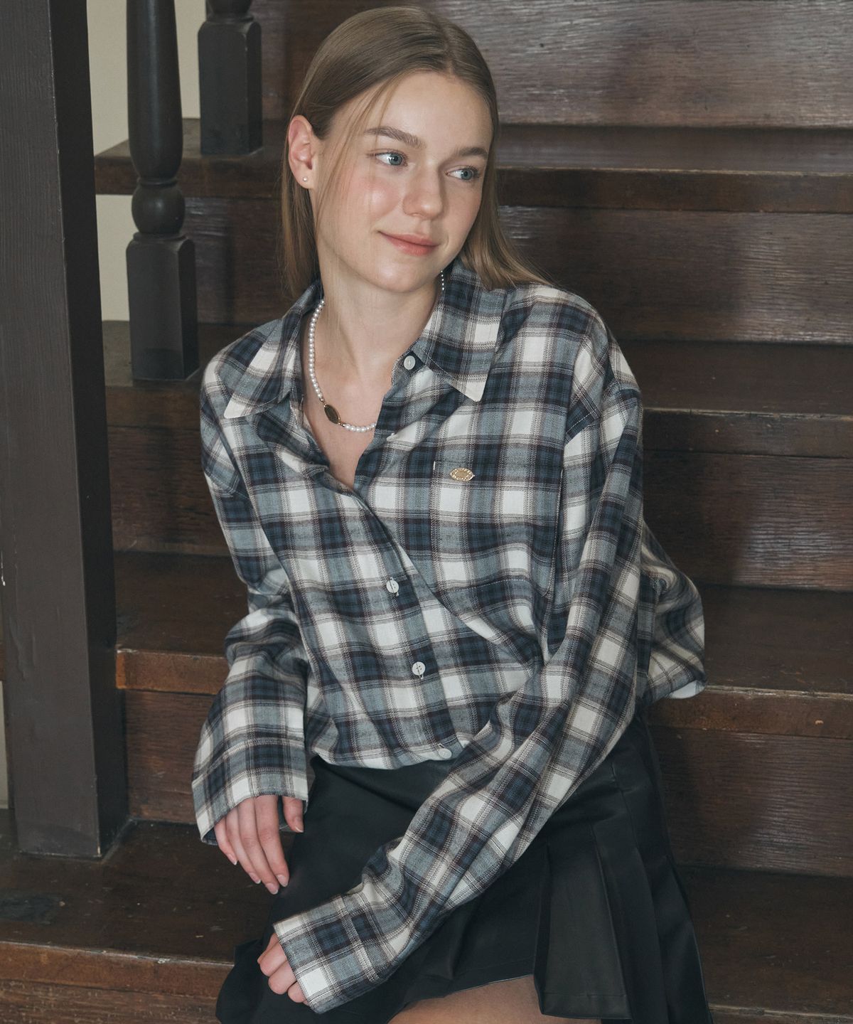 논로컬(NONLOCAL) Oversize Checked Shirt - Burgundy Navy