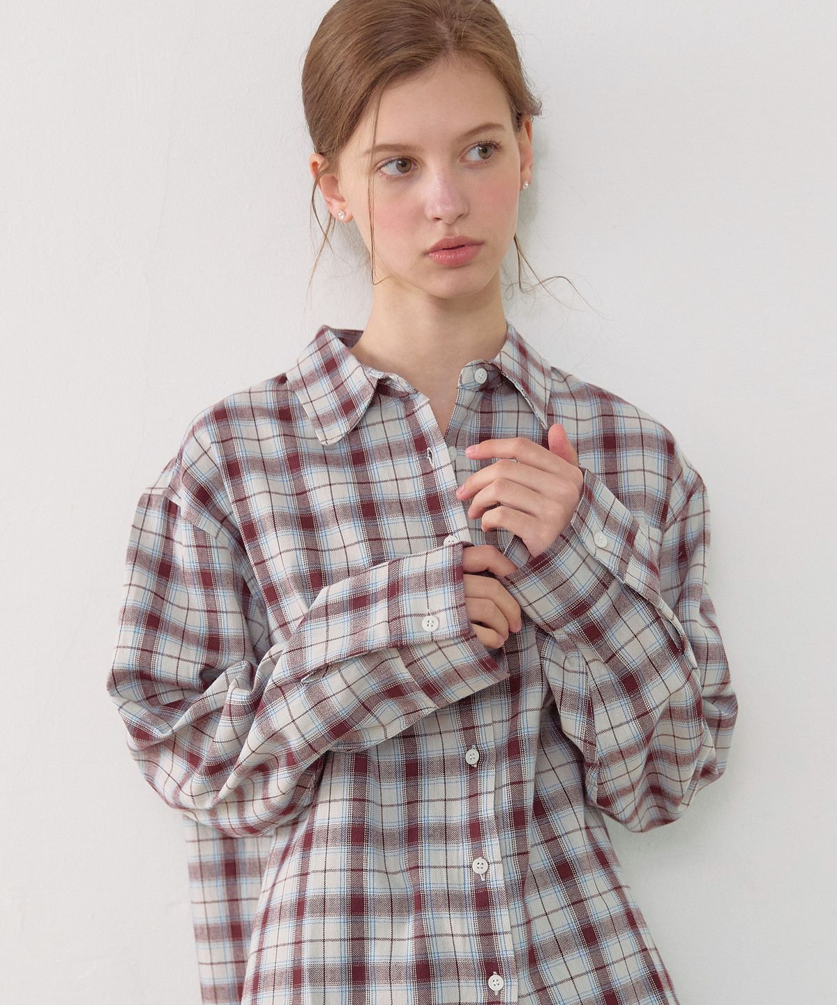 논로컬(NONLOCAL) Oversize Checked Shirt - Beige Burgundy