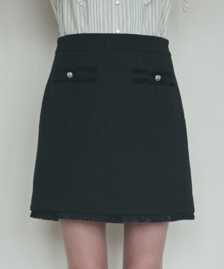Fringe Tweed Mini Skirt - Black