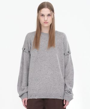 버튼 데미지 니트 탑 [멜란지 그레이]