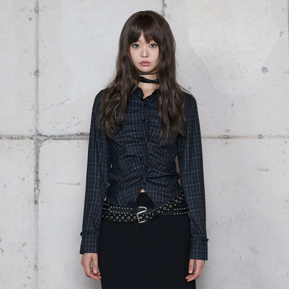 라라폭스(LALAFOX) FRILL SLIM CHECK SHIRT NAVY 체크셔츠 BR4WB001