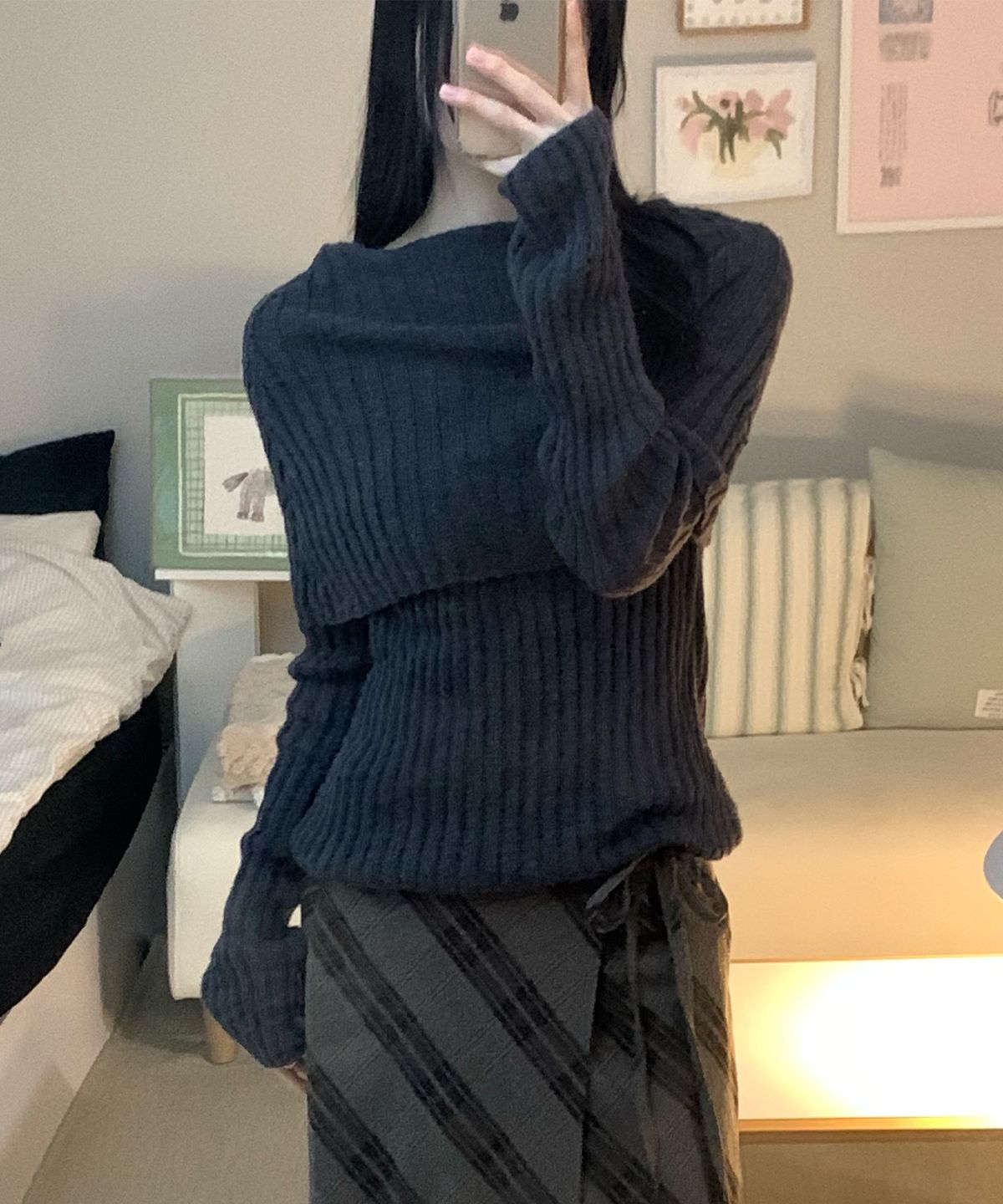 튜드먼트(TTUDEMENT) SHAWL RIBBED SWEATER CHARCOAL