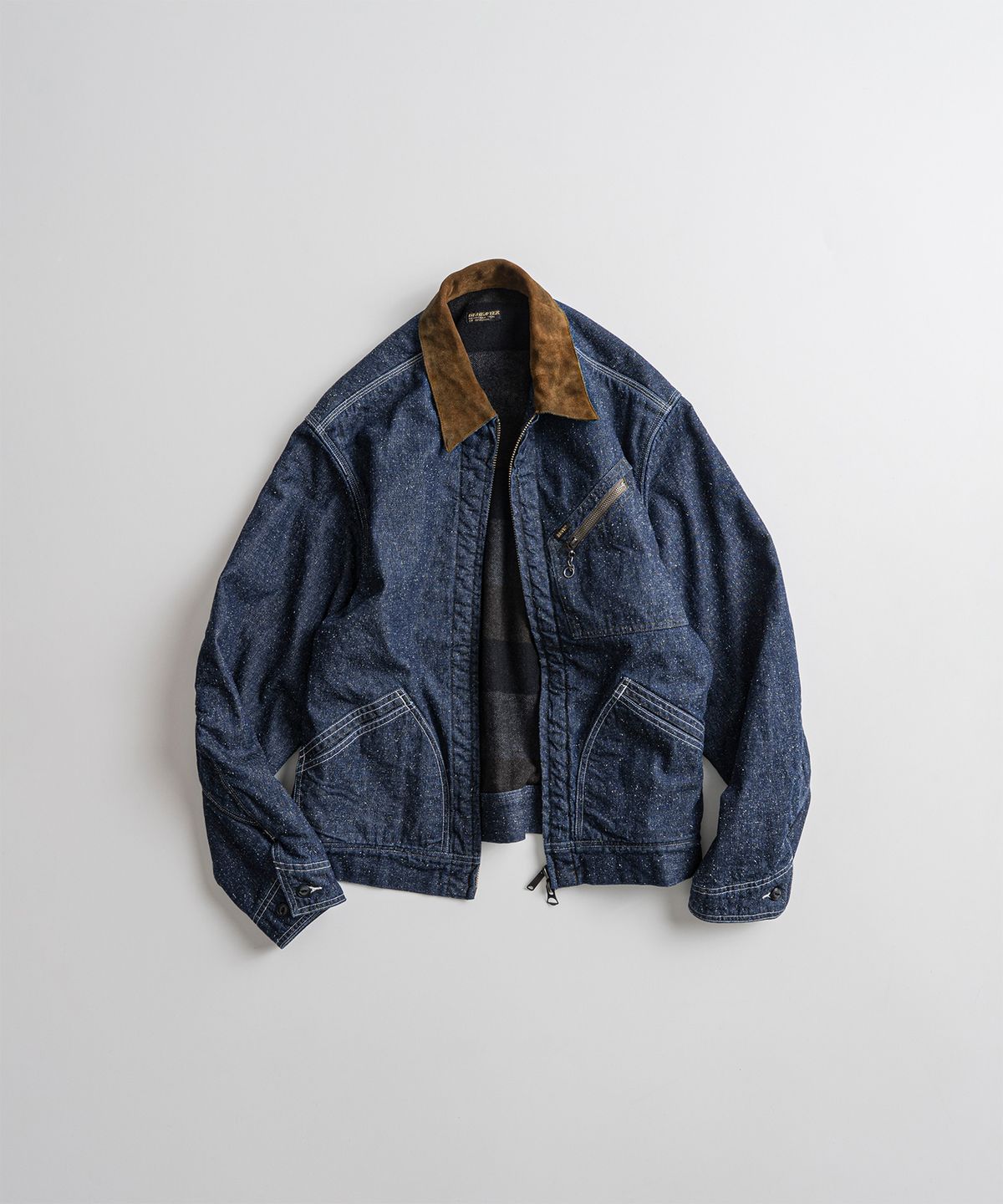 비헤비어(BEHEAVYER) WASHED LEATHER COLLAR SPORTS JACKET denim washed