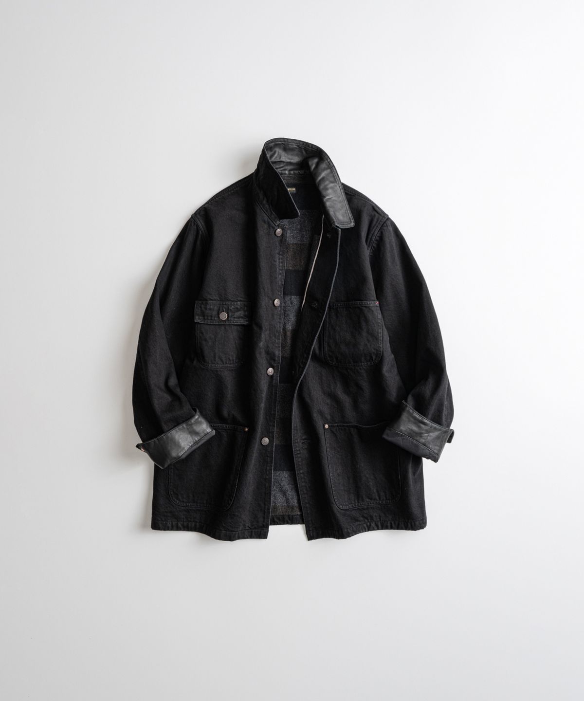 비헤비어(BEHEAVYER) WASHED LEATHER COLLAR COVERALL JACKET black