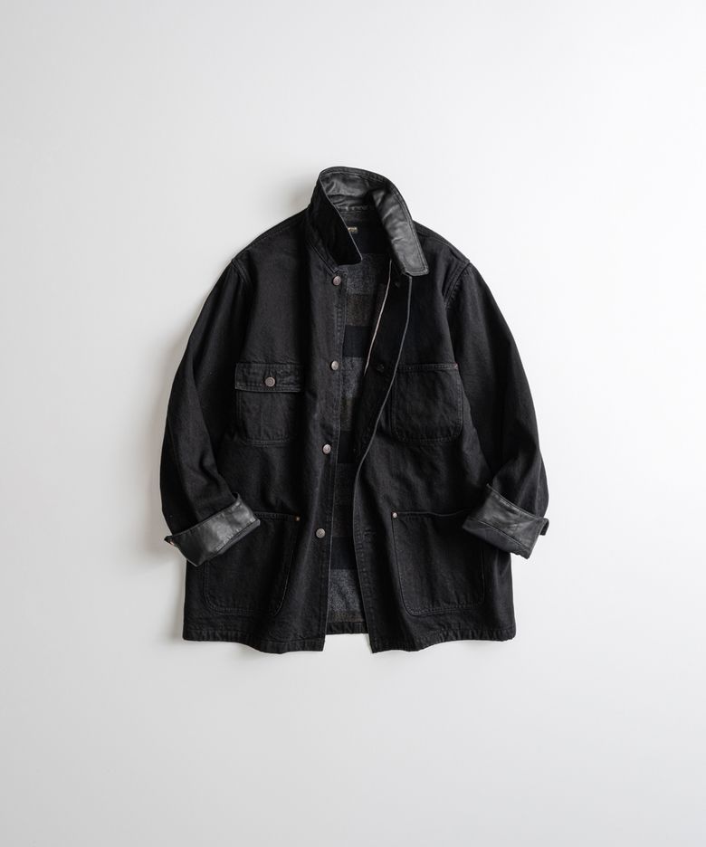 WASHED LEATHER COLLAR COVERALL JACKET black