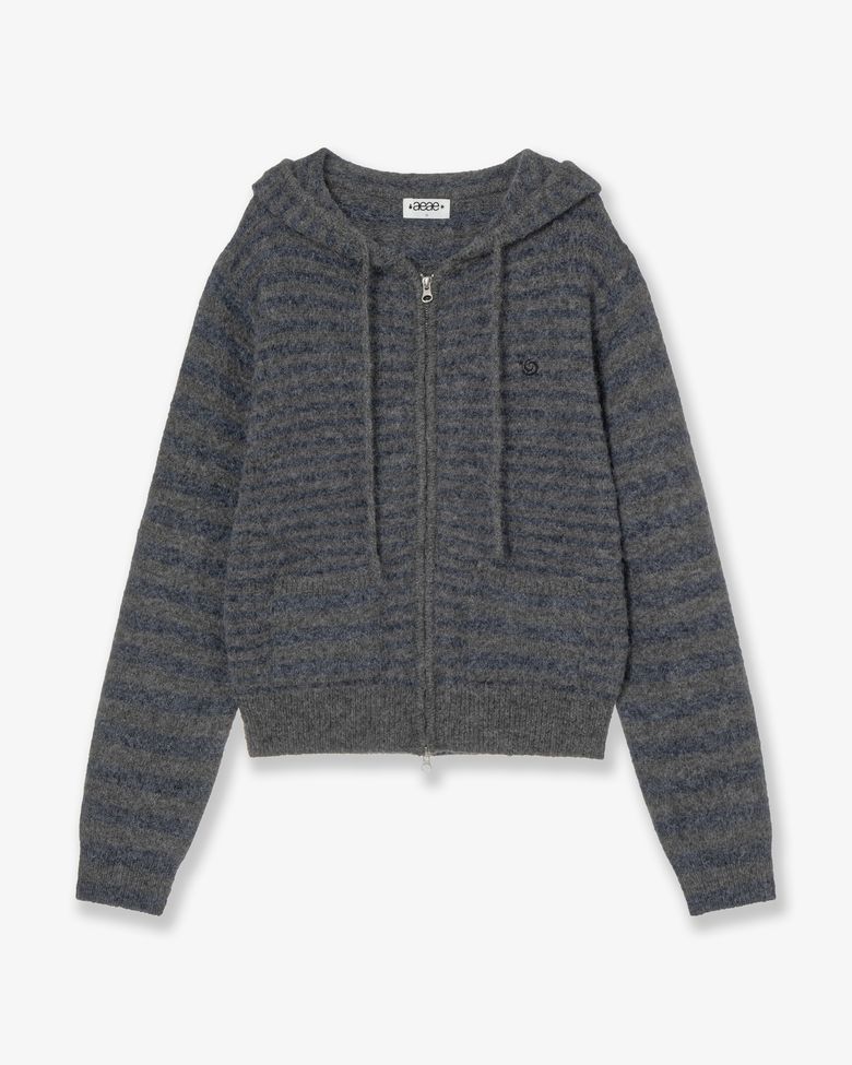 STRIPE HOOD KNIT ZIP UP [NAVY]