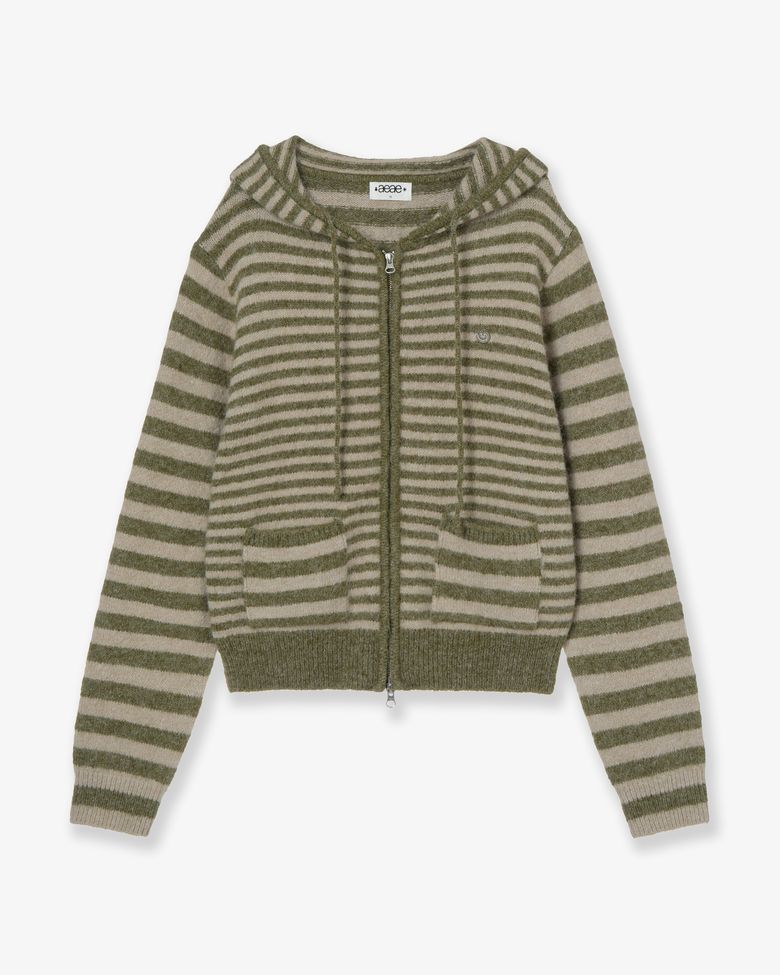 STRIPE HOOD KNIT ZIP UP [KHAKI]