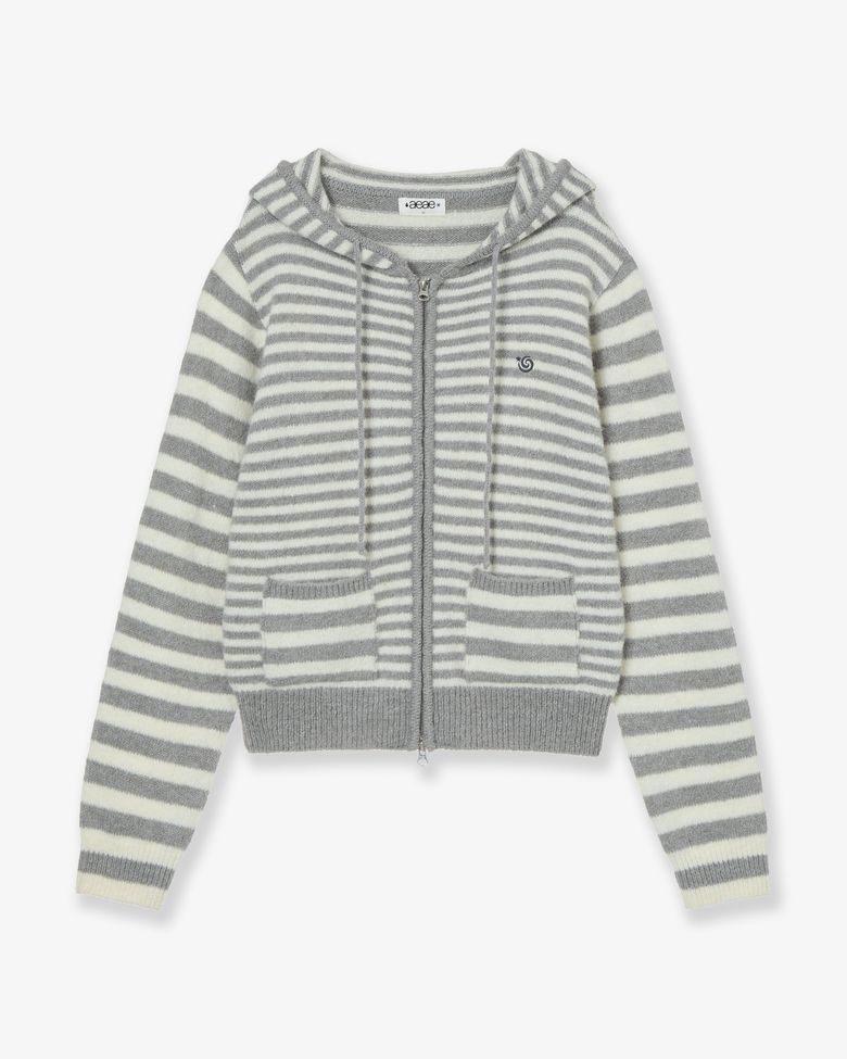 STRIPE HOOD KNIT ZIP UP [LIGHT GREY]