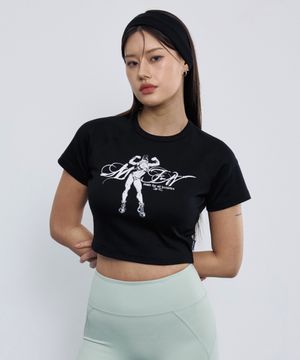 빅토리걸 프린팅 크롭 숏 슬리브 블랙