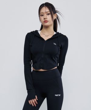 슬림 아크 크롭 후드 집업 블랙