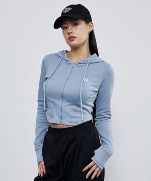 슬림 아크 크롭 후드 집업 블루