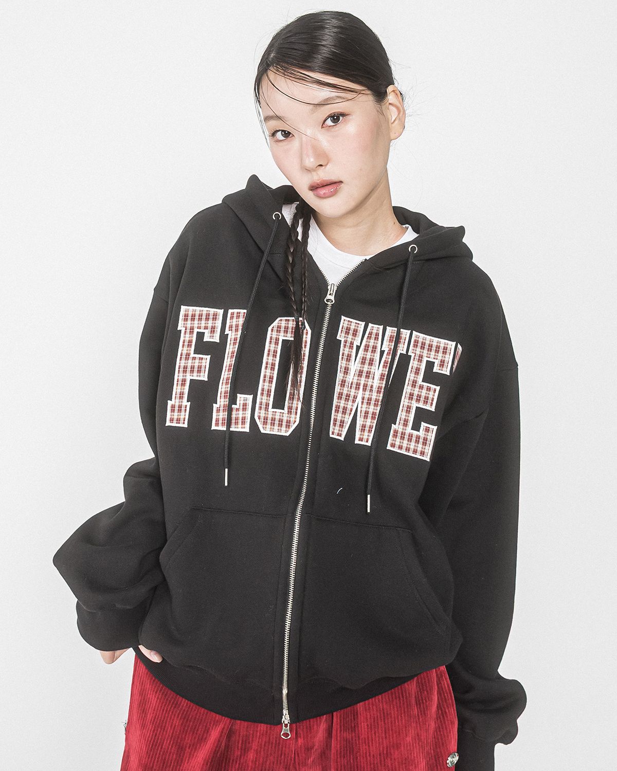 해비즘(HAVISM) CHECK PATCH FLOWER ZIP UP HOOD(BLACK)