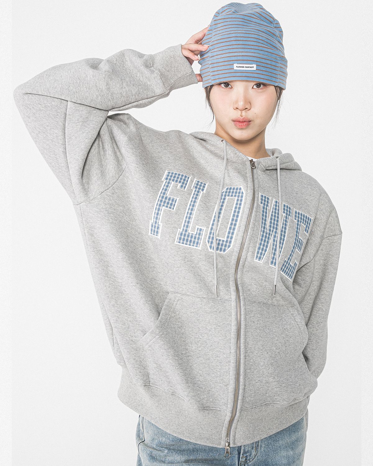 해비즘(HAVISM) CHECK PATCH FLOWER ZIP UP HOOD(GREY)