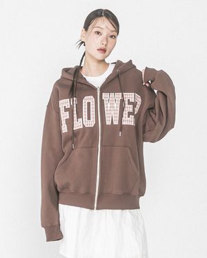 CHECK PATCH FLOWER ZIP UP HOOD(BROWN)