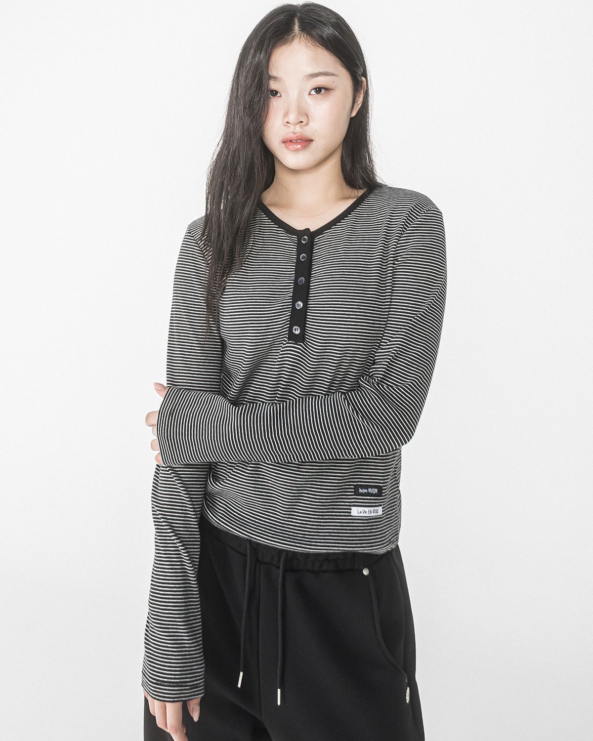 해비즘(HAVISM) STRIPE HENRY NECK L/S TEE(BLACK)