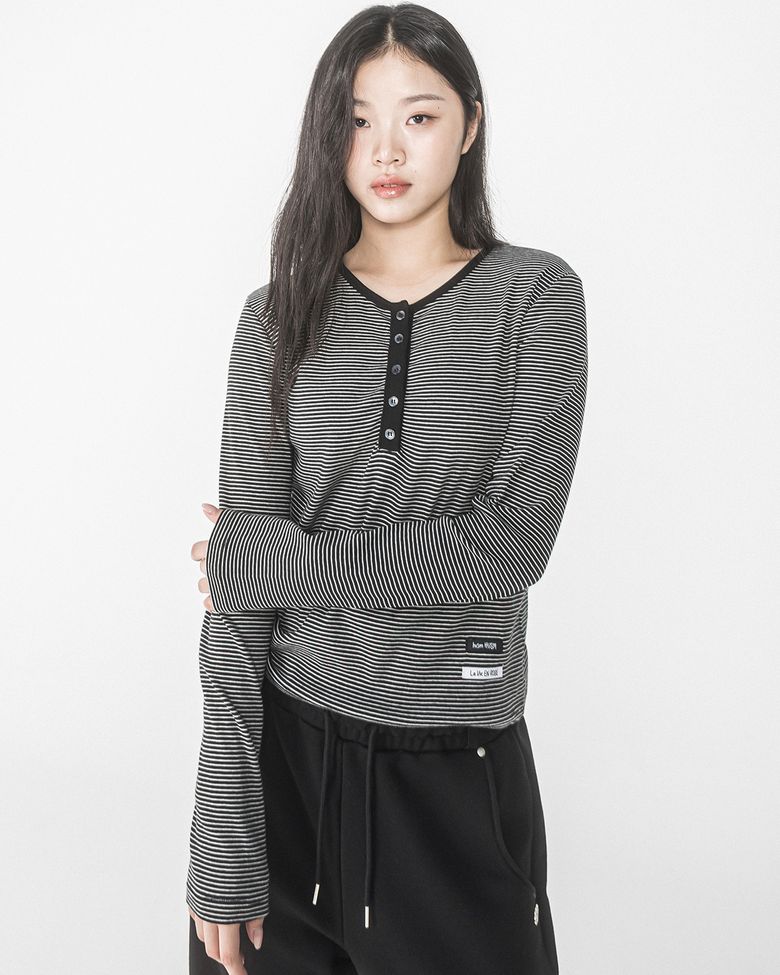 STRIPE HENRY NECK L/S TEE(BLACK)