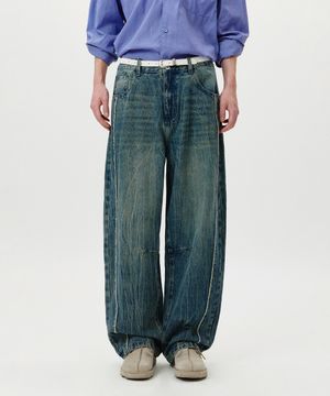 Wide Balloon Panel Washing Jeans (Blue)