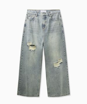 Damage Washed Wide Jeans (Light Blue)