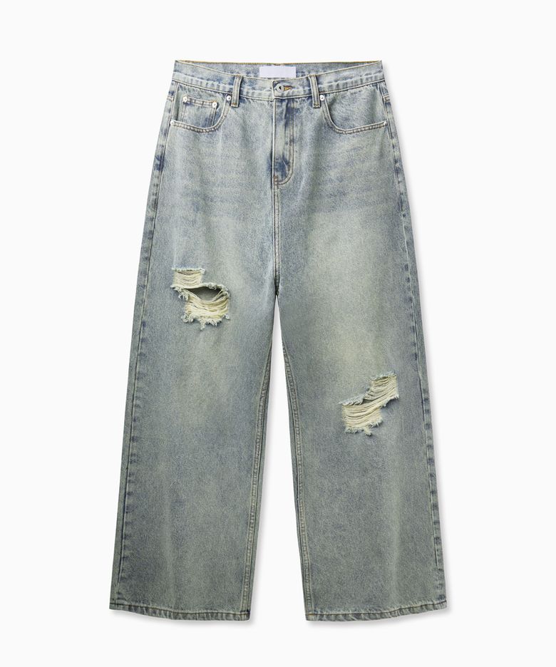 Damage Washed Wide Jeans (Light Blue)