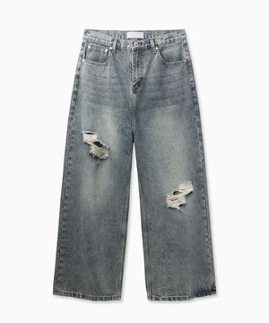 Damage Washed Wide Jeans (Blue)