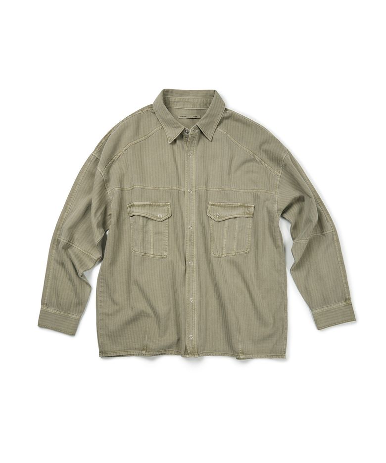 (BASE) HERRINGBONE WASHED POCKET SHIRT (BEIGE)