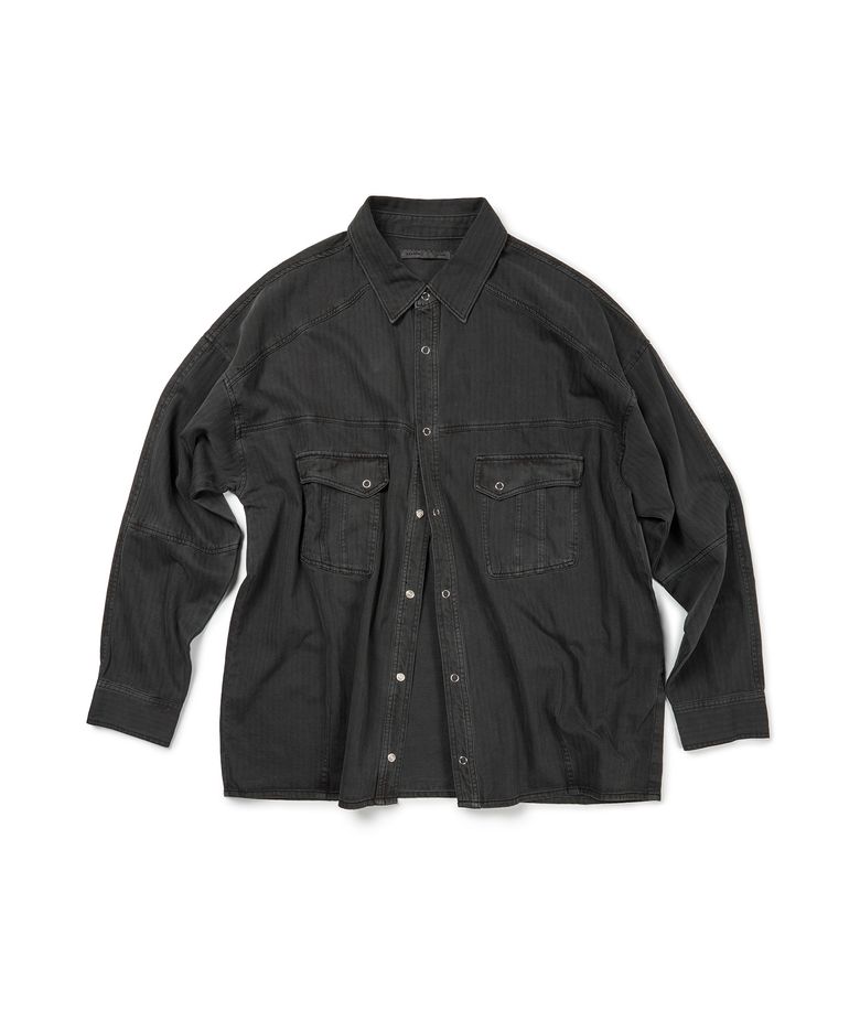 (BASE) HERRINGBONE WASHED POCKET SHIRT (BLACK)