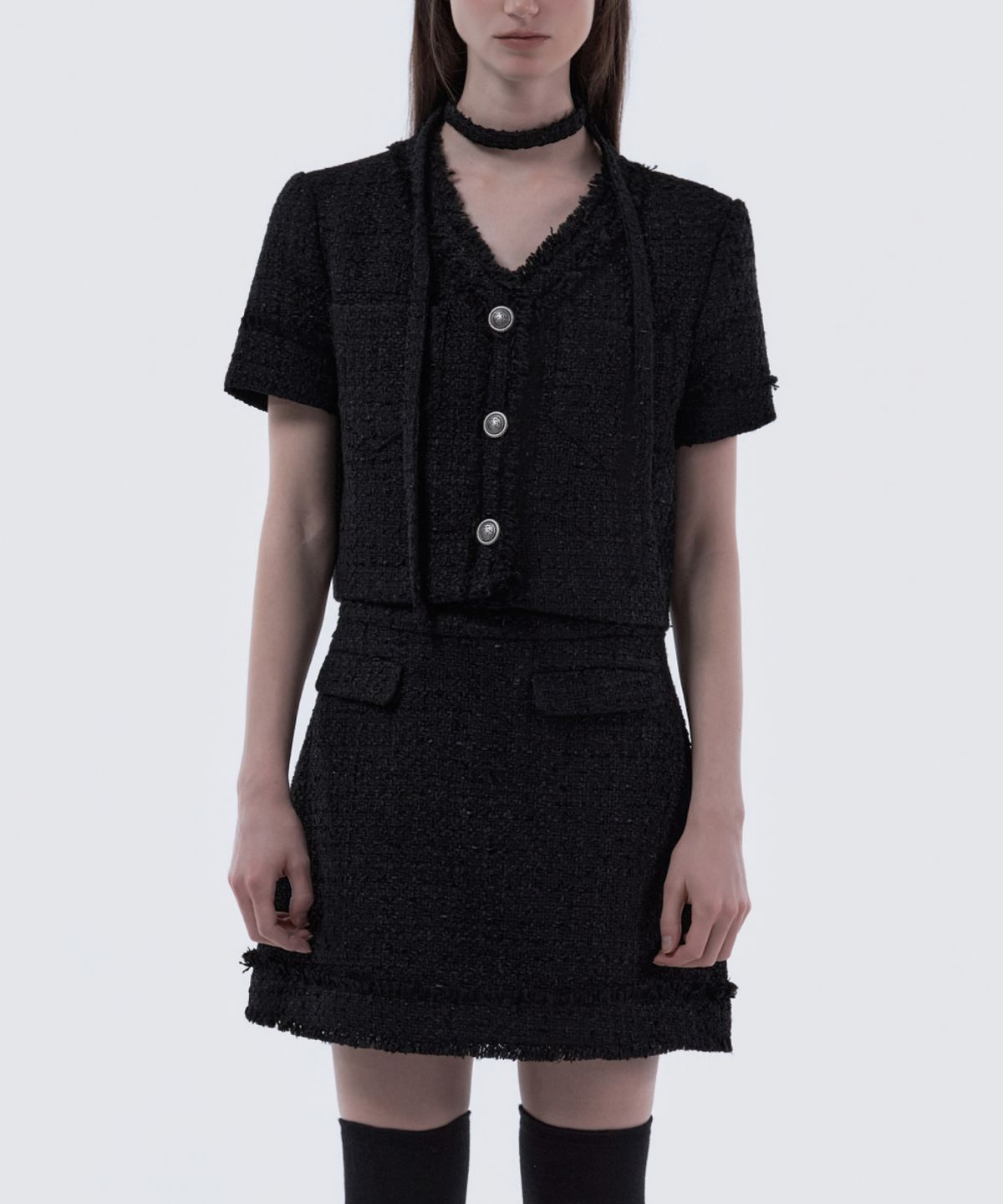 마우솔레움(MAU SOLEUM) Fringed Tweed Skirt - Black