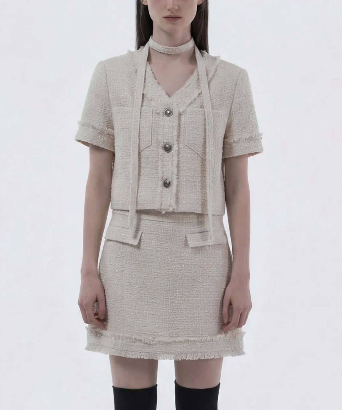 마우솔레움(MAU SOLEUM) Fringed Tweed Skirt - Ivory