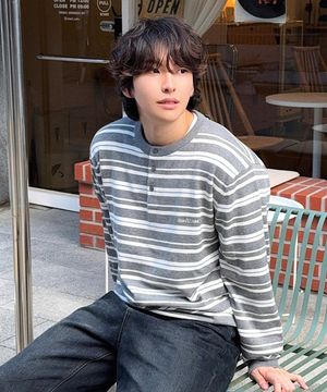 멀티 스트라이프 헨리넥 니트_GREY