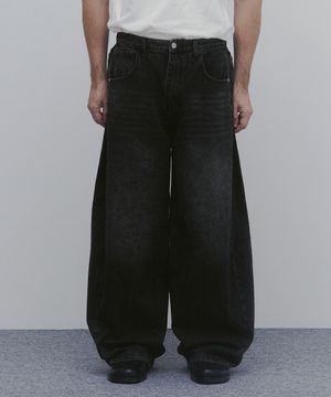 워시드 와이드 벌룬 데님 팬츠 (워시드 블랙