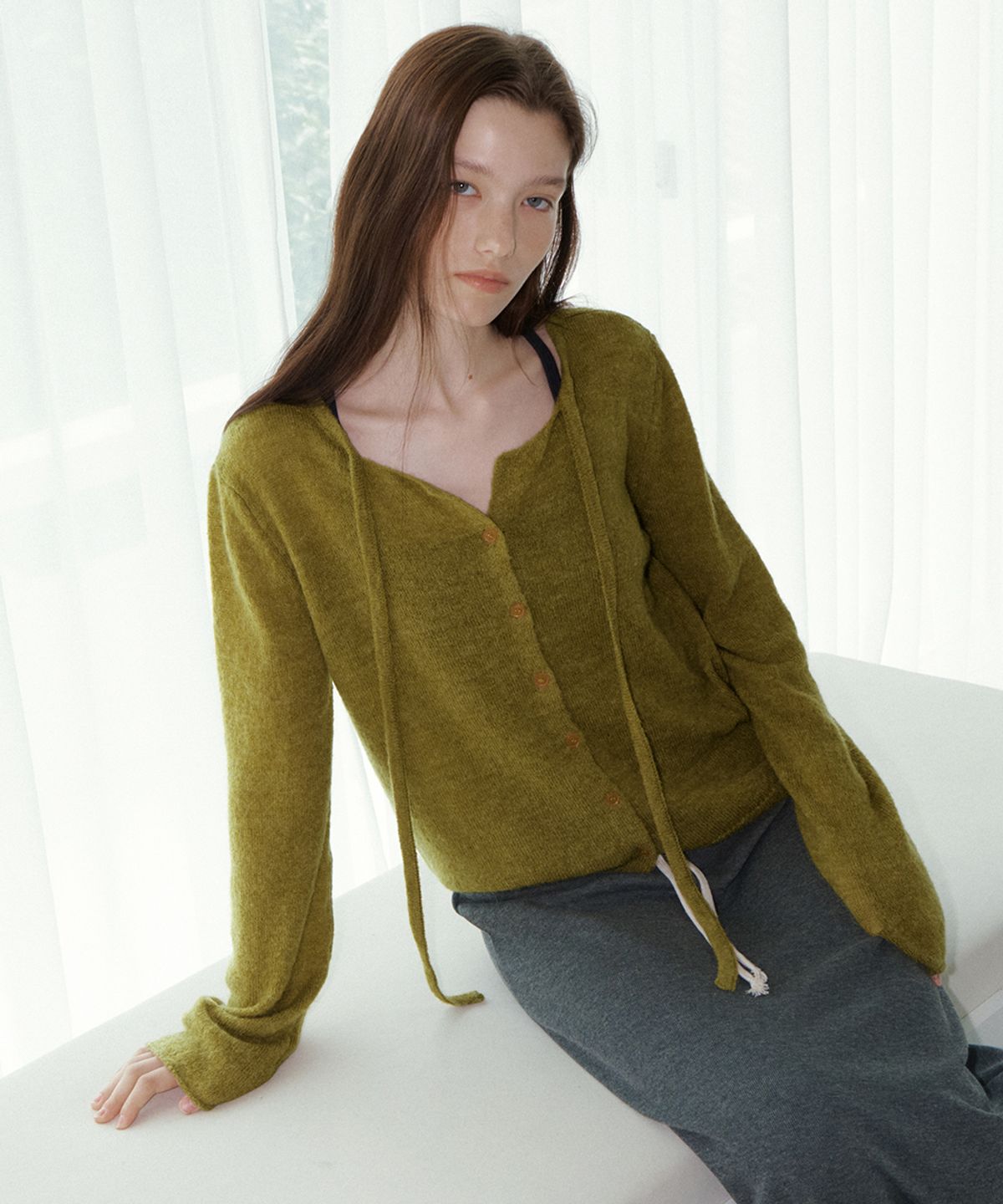 프리버07(FRIVER07) Ribbon alpaca knit cardigan [FRFA02CD04]_Olive