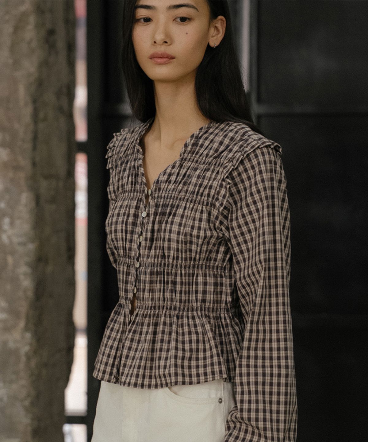 프리버07(FRIVER07) Check smoke shirring blouse [FRFA02BL01]_2color