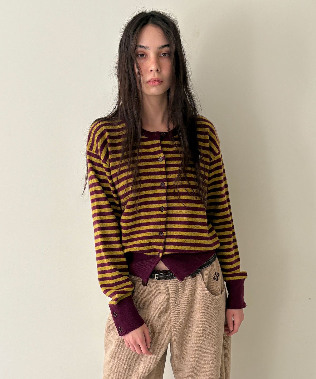 헤레틱(HERETIC) BUTTON CASHMERE STRIPE CARDIGAN / purple
