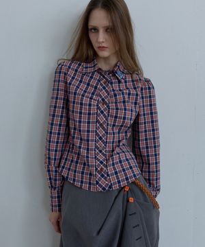 BACK CURVE CHECK PUFF SHIRT / orange