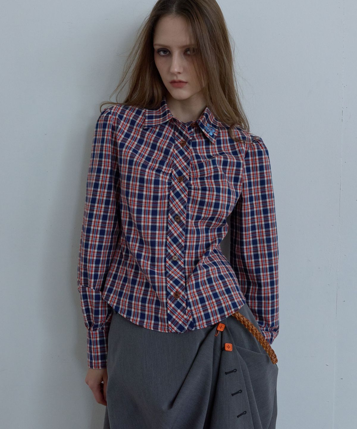 헤레틱(HERETIC) BACK CURVE CHECK PUFF SHIRT / orange