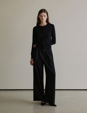 Wool blended two tuck wide pants (Black)