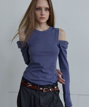 BUTTON CUT-OFF T-SHIRT / purple-navy