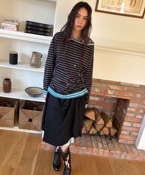 BUTTON STRIPE RAW EDGE T-SHIRT / black