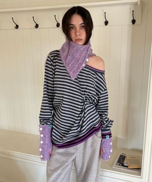 BUTTON STRIPE RAW EDGE T-SHIRT / grey