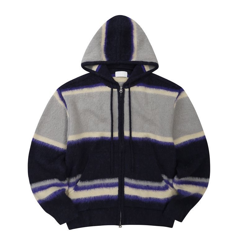 EEERRR Stripe brushed wool knit hoodie zip-up (Navy)