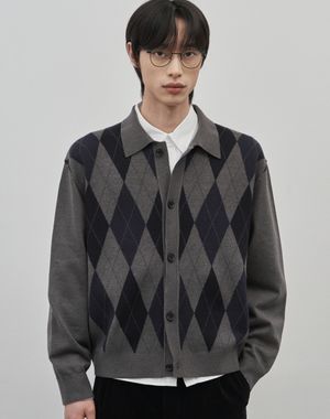 카렌 세미 오버핏 아가일 카라 가디건 [그레이]