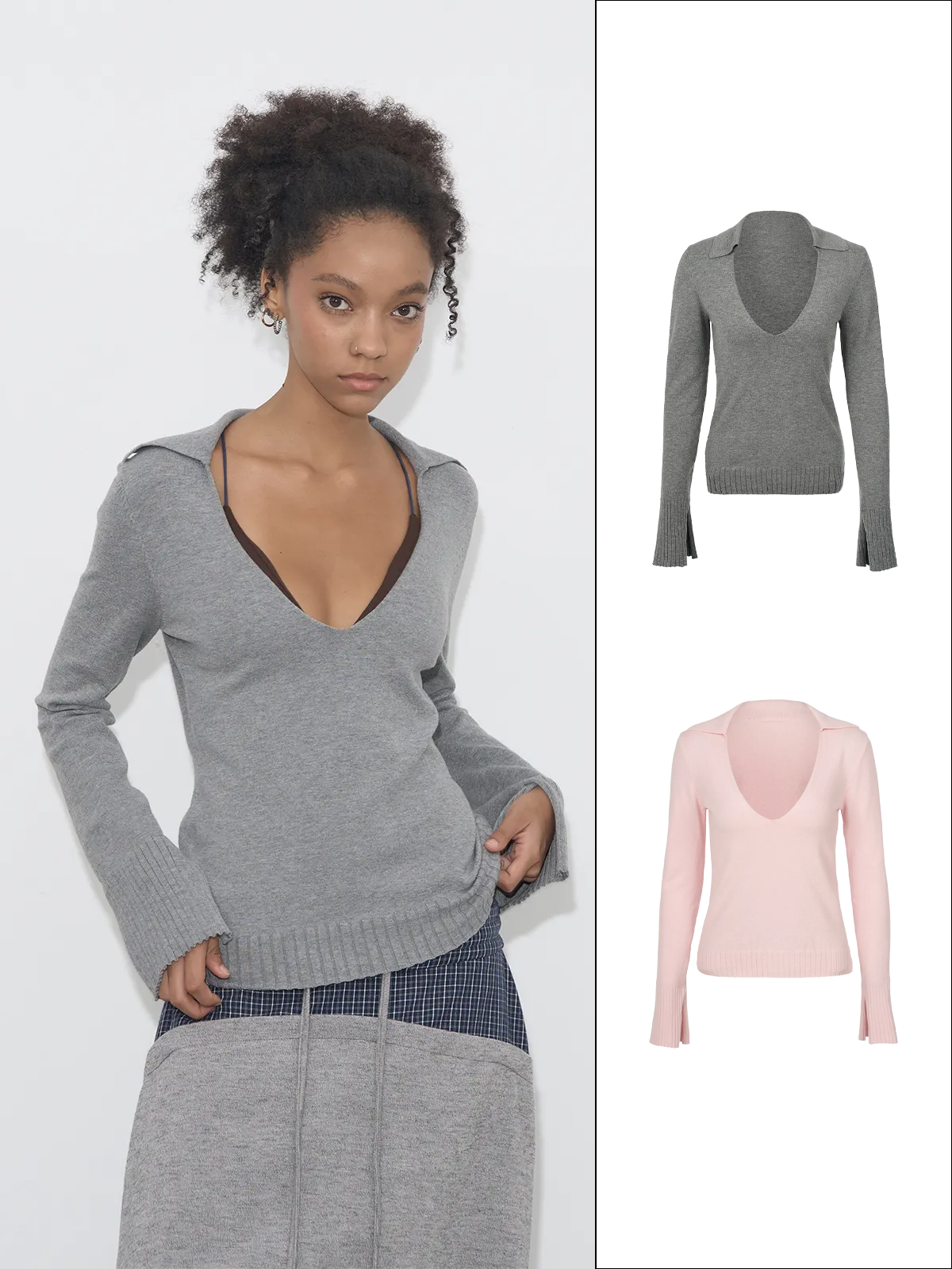 그로운 낫올드(GROWN NOTOLD) Bloom*Deep v-neck knit _ Gray / Pink