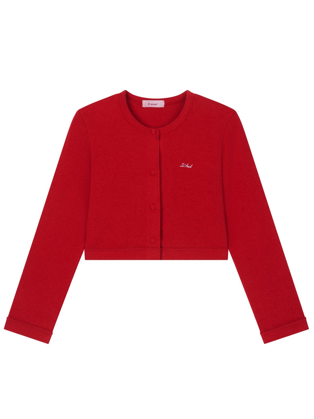 로액슈얼(LO AXUAL) LOGO EMBROIDERY BLOOMING CROP CARDIGAN_RED