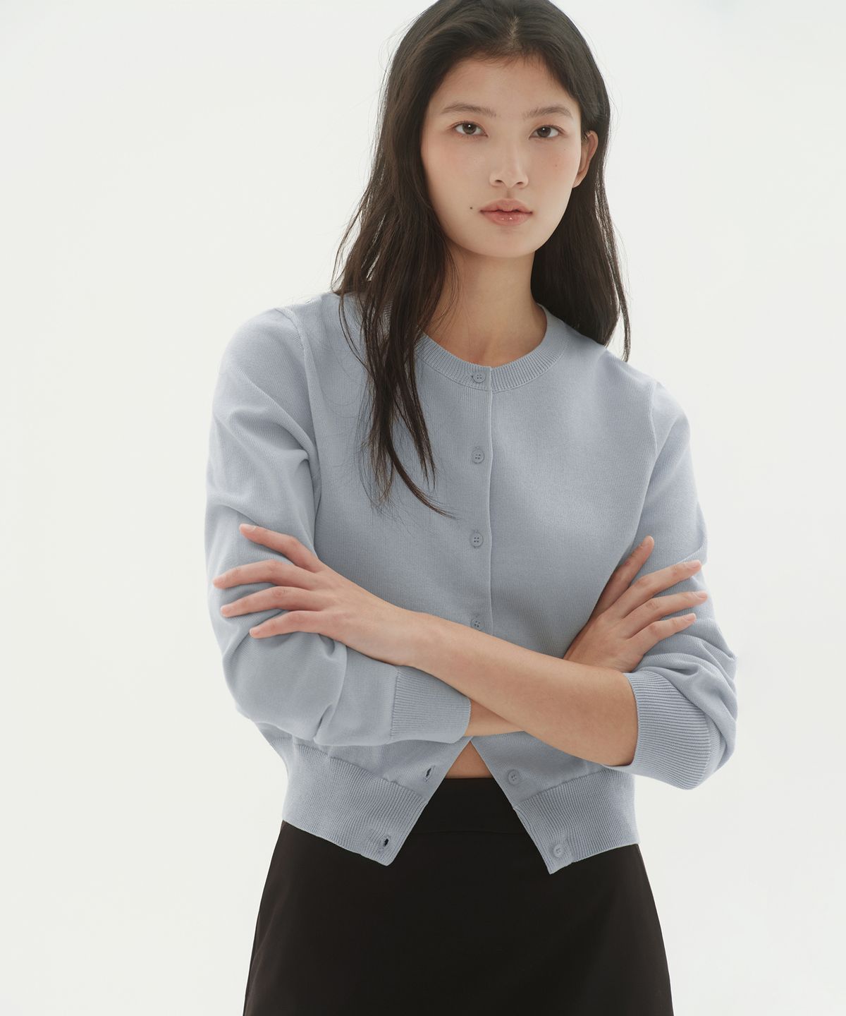 무신사 스탠다드 우먼(MUSINSA STANDARD WOMAN) 우먼즈 워셔블 수피마 코튼 라운드 넥 가디건 [애쉬 라이트 블루]