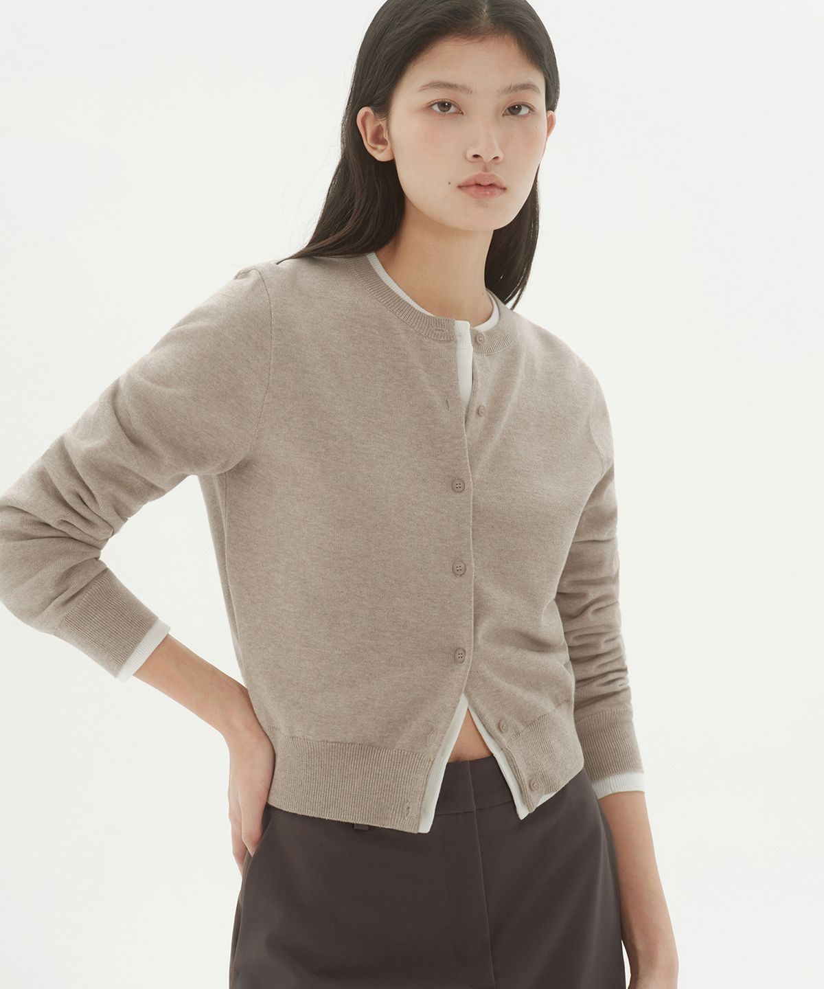 무신사 스탠다드 우먼(MUSINSA STANDARD WOMAN) 우먼즈 워셔블 수피마 코튼 라운드 넥 가디건 [헤더 라이트 베이지]