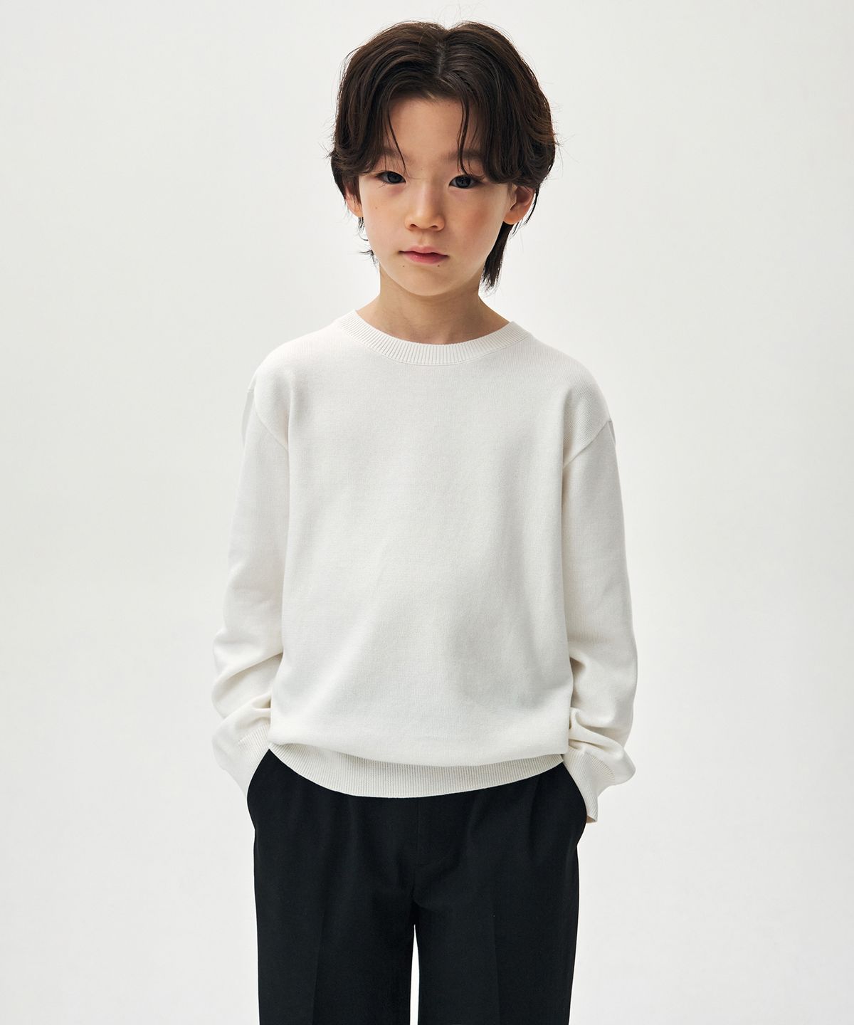 무신사 스탠다드 키즈(MUSINSA STANDARD KIDS) 워셔블 수피마 코튼 크루 넥 니트 [아이보리]