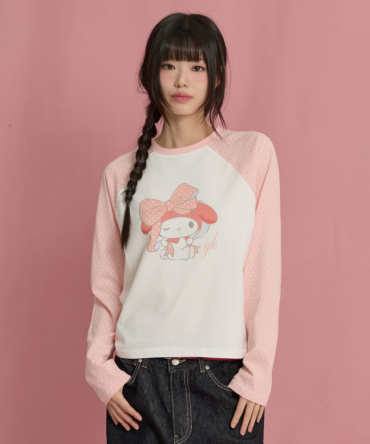 와이케이(WAIKEI) 마이멜로디 도트 래글런 롱슬리브 티셔츠 핑크